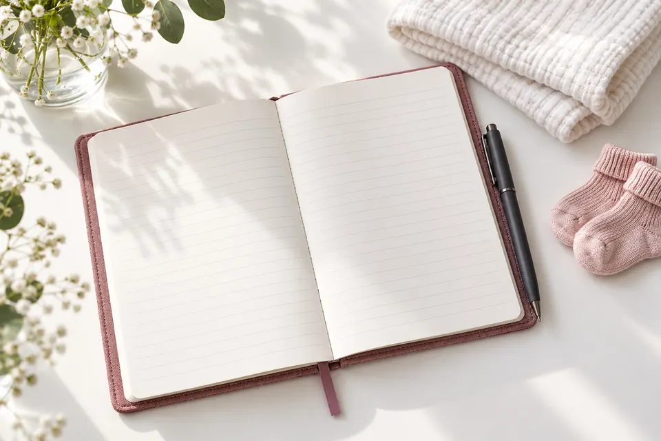 An open care notebook, pen and folded baby clothes