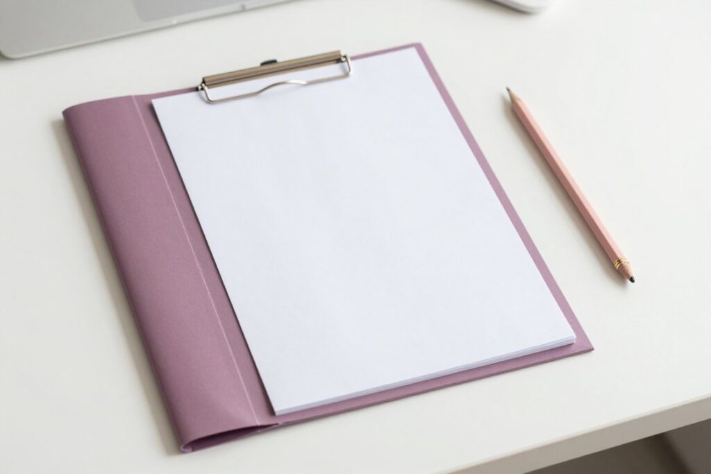 A blank clipboard on a mauve folder with a pencil for appointment notes