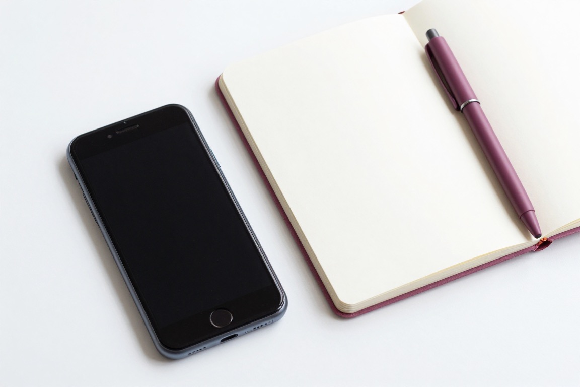 A phone with a blank dark screen beside an open notebook and a mauve pen