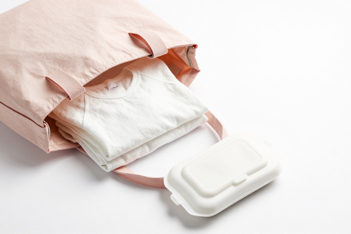 An open pink tote with folded white clothes beside a closed white wipes case