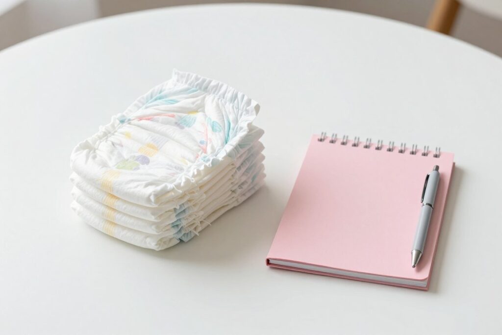 A stack of diapers beside a pink notebook and pen
