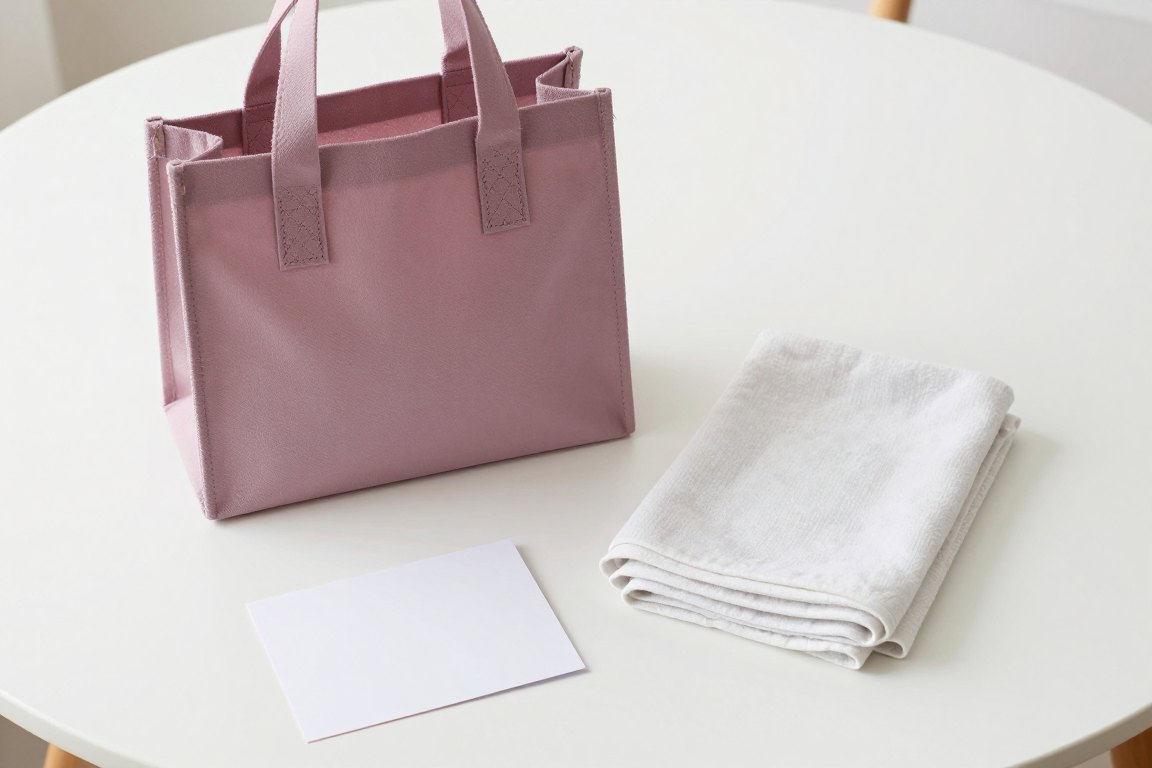 A mauve tote bag, folded towel and blank note card
