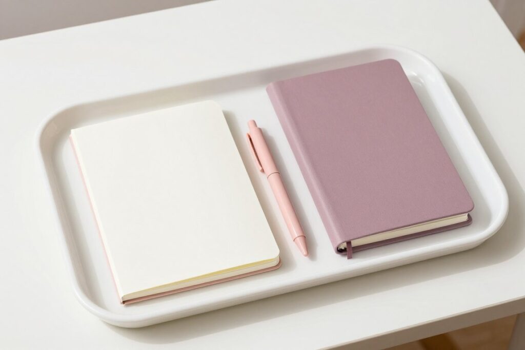 Two notebooks and a pink pen together on a white tray