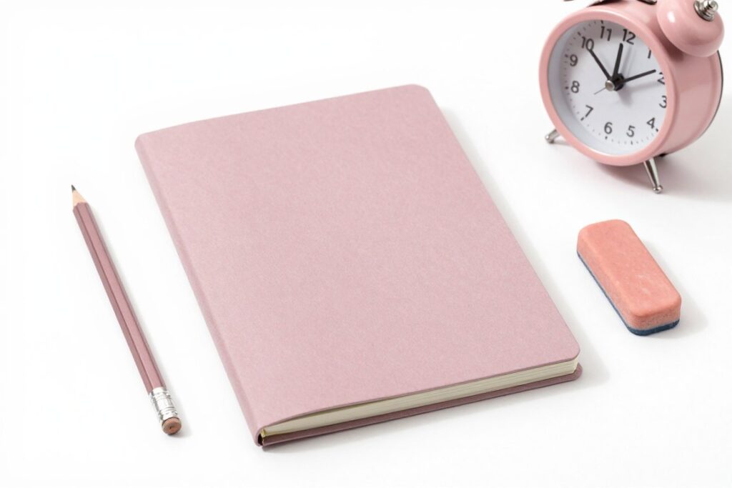 A notebook, pencil and eraser beside a pink clock
