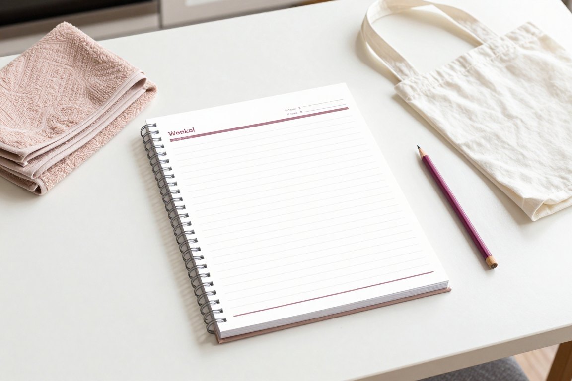 A lined notebook beside folded cloths and a tote bag