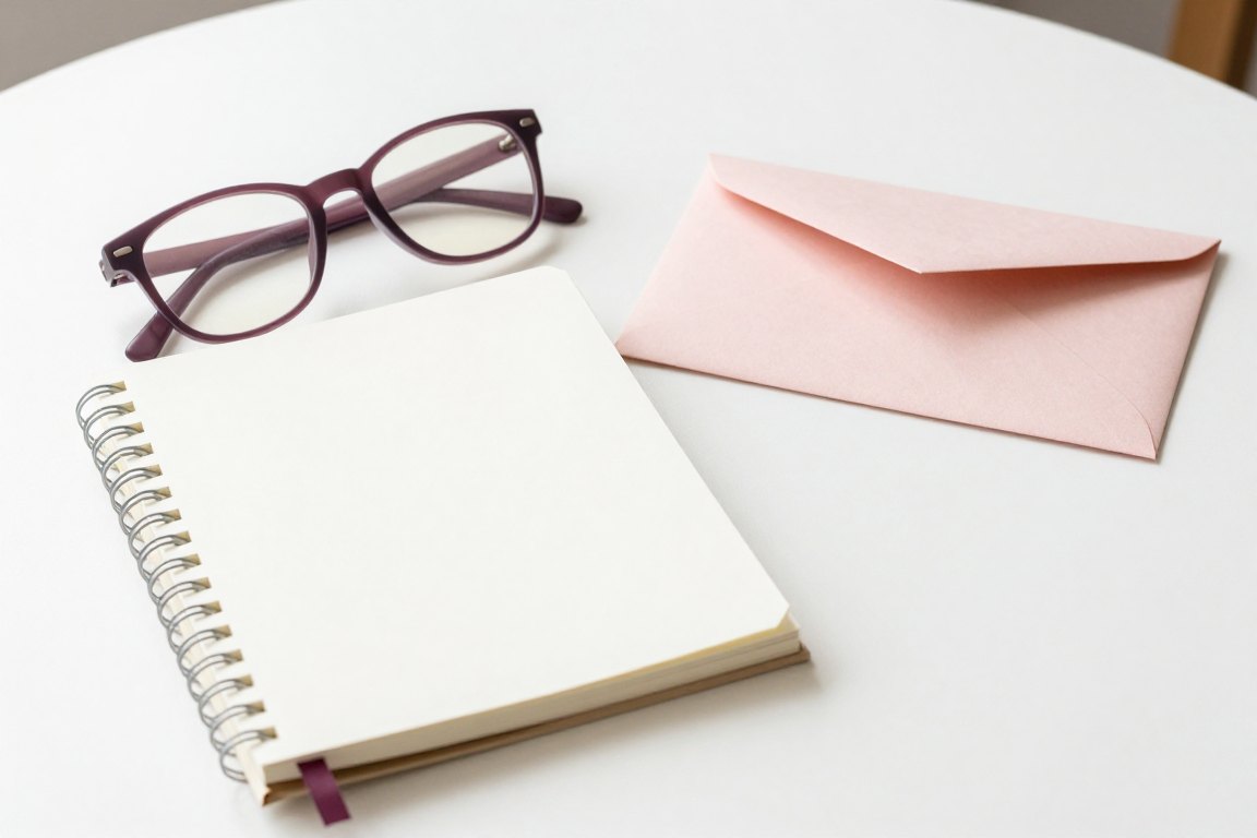 Reading glasses, a notebook and a pink envelope for care notes