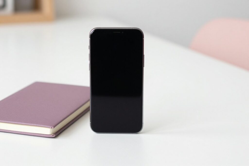 A phone with a blank screen beside a notebook