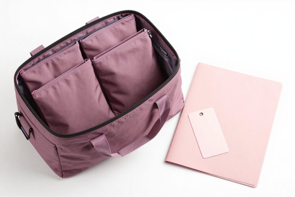 An open mauve bag beside a pink folder and blank tag