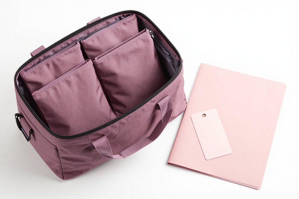 An open mauve bag beside a pink folder and blank tag