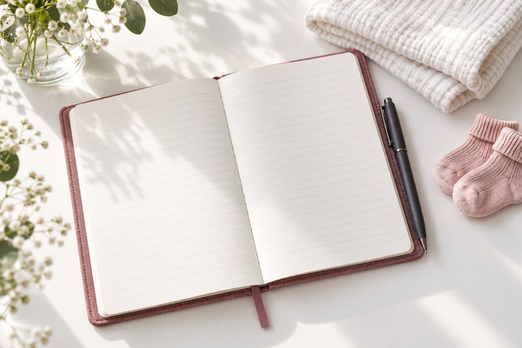An open notebook and pen beside folded baby clothes
