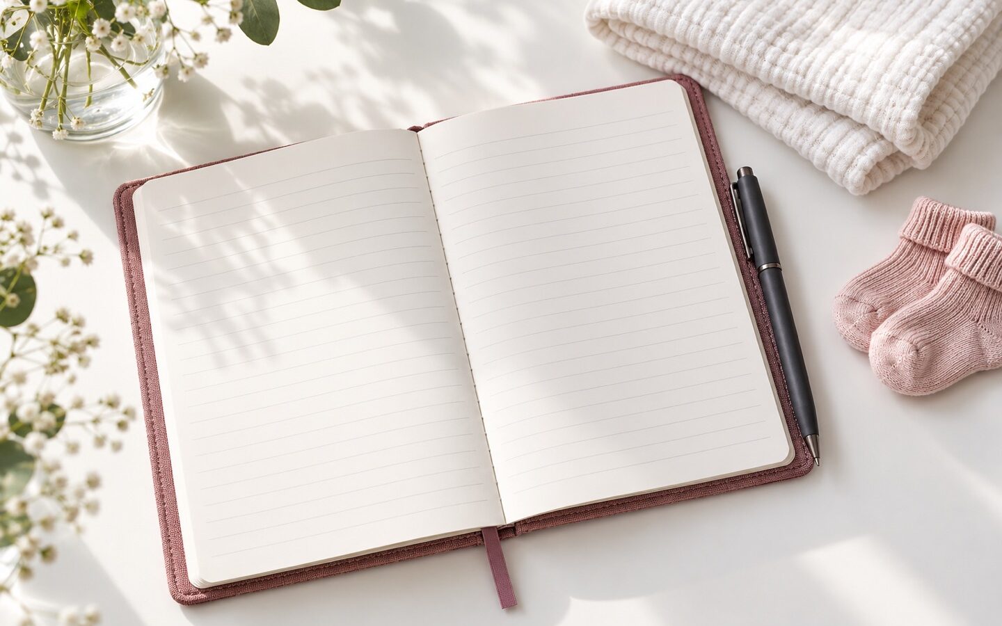 An open notebook and pen beside folded baby clothes