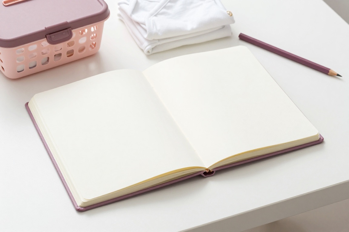 An open blank notebook beside folded white baby clothes, a closed pink basket and a mauve pencil