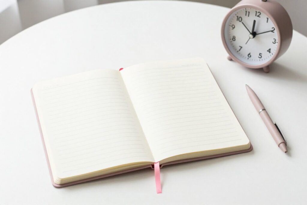 An open lined notebook and pen beside a clock
