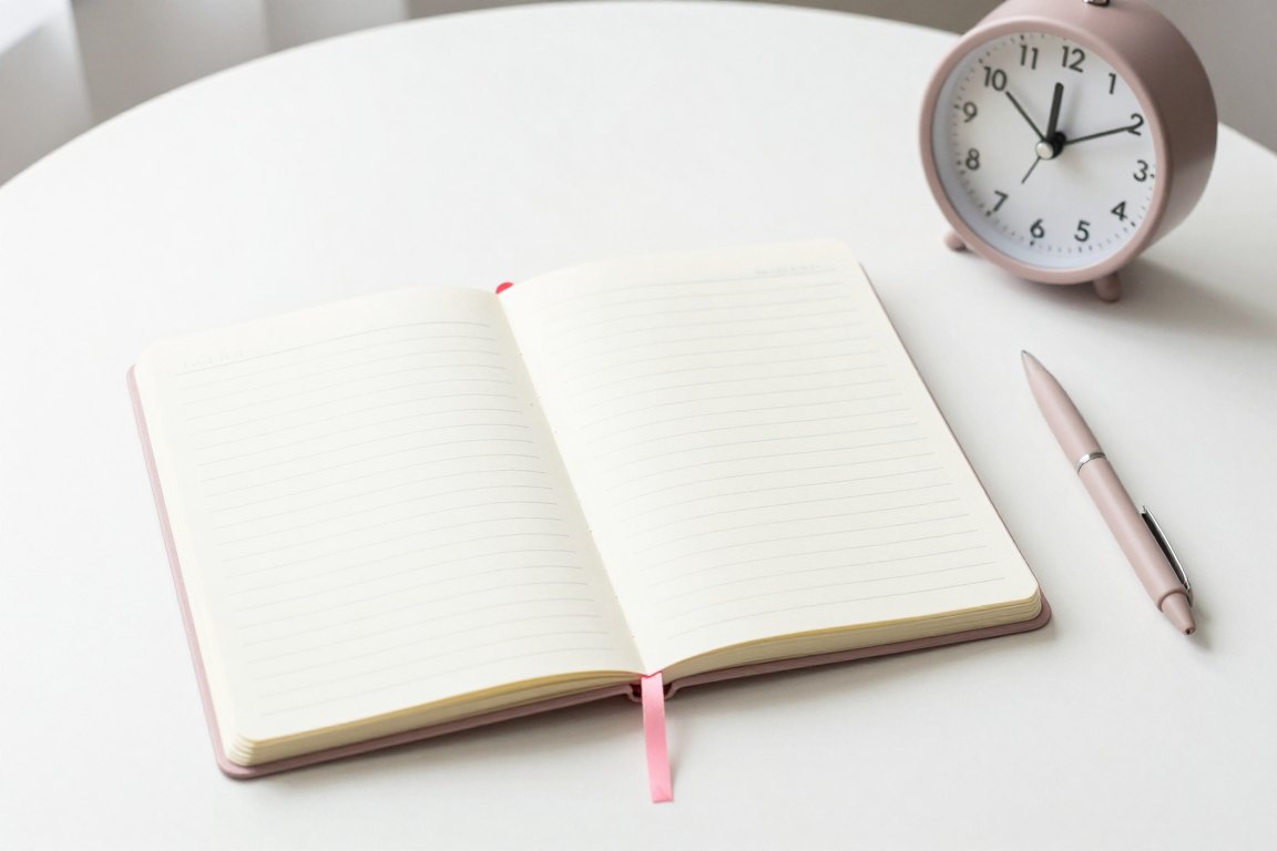 An open lined notebook and pen beside a clock