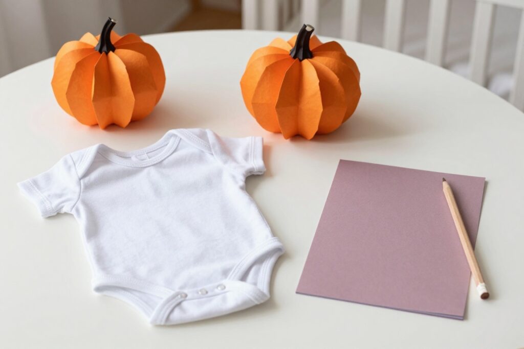 Two orange paper pumpkins, a white baby bodysuit, and a blank mauve planning card with a pencil on a table