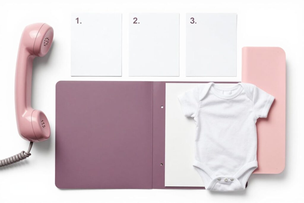 A pink phone handset, three numbered note cards, an open mauve folder and a white baby bodysuit