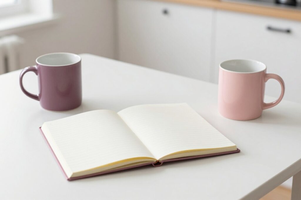 Two mugs beside an open notebook for shared overnight notes