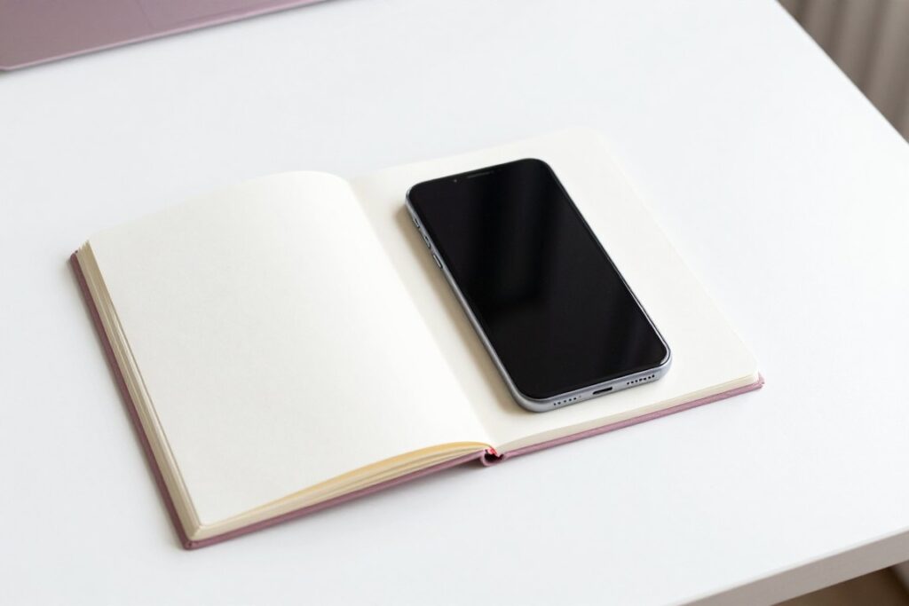 A phone with a blank screen resting on an open notebook