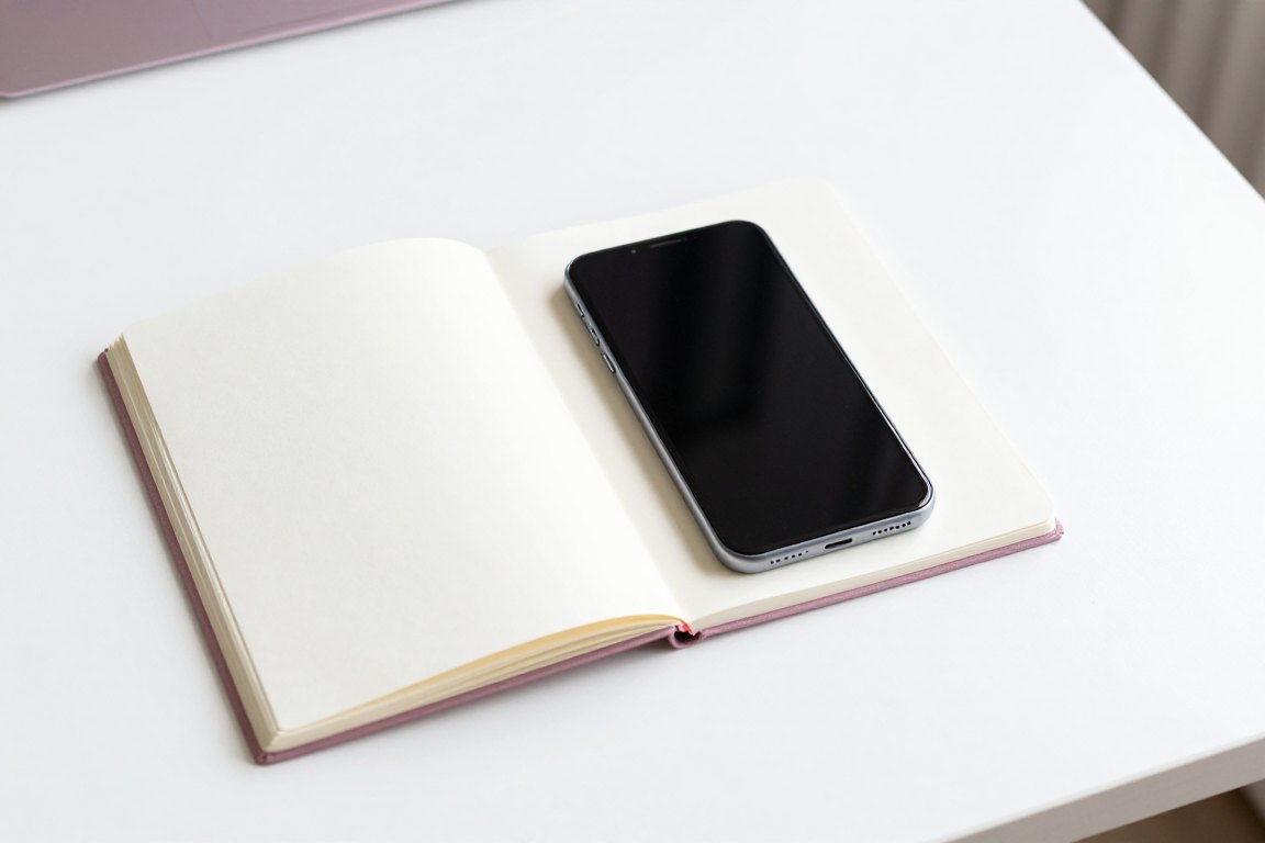 A phone with a blank screen resting on an open notebook