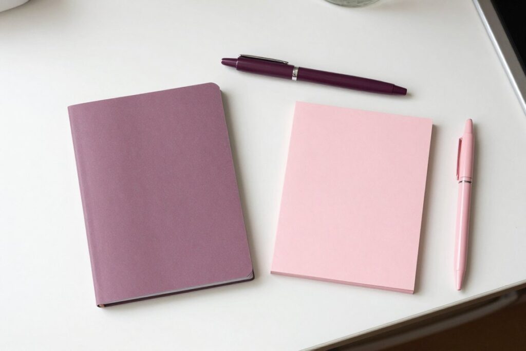 A mauve notebook, pink note pad and two pens