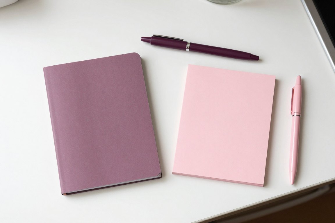 A mauve notebook, pink note pad and two pens