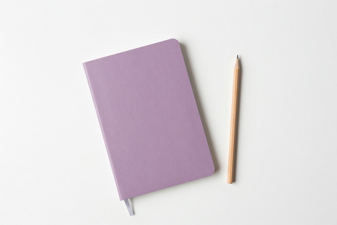 A closed mauve notebook beside a wooden pencil on a white surface