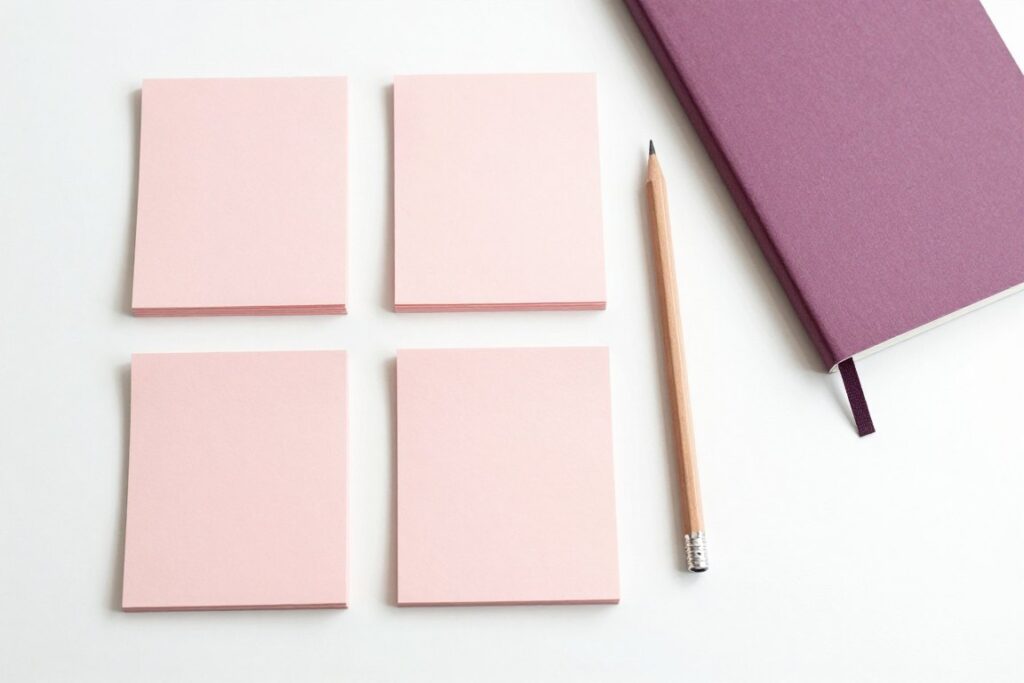 Four blank pink cards beside a notebook and pencil