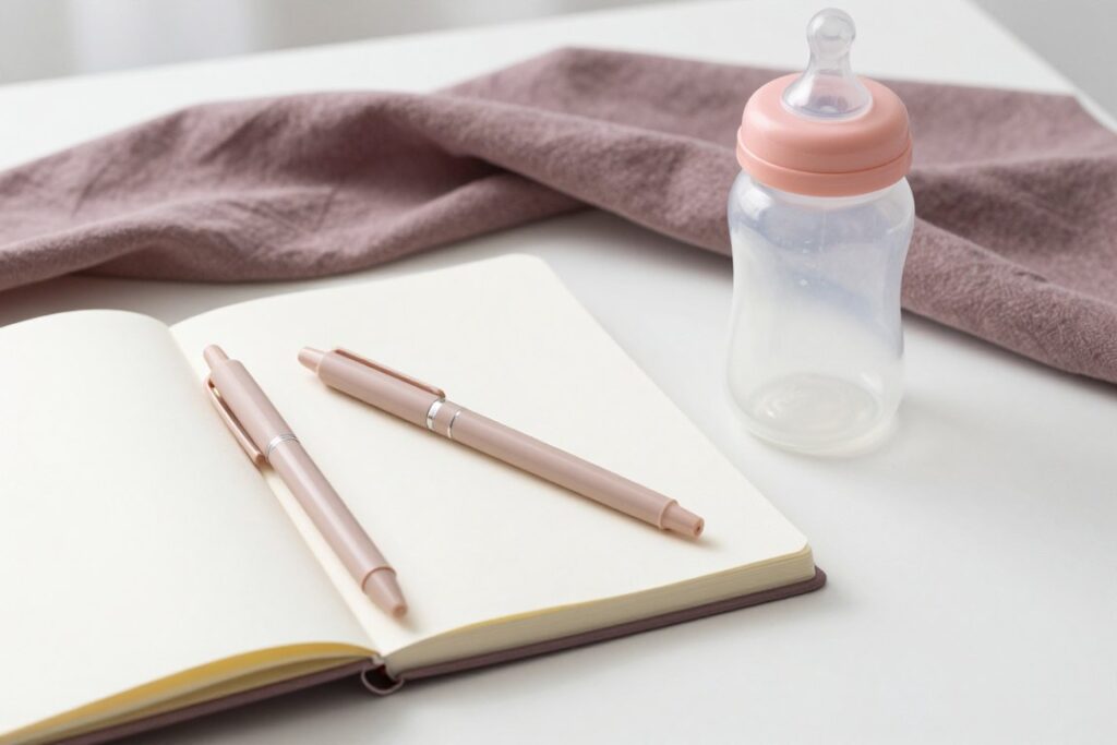 An empty baby bottle beside an open notebook and pens