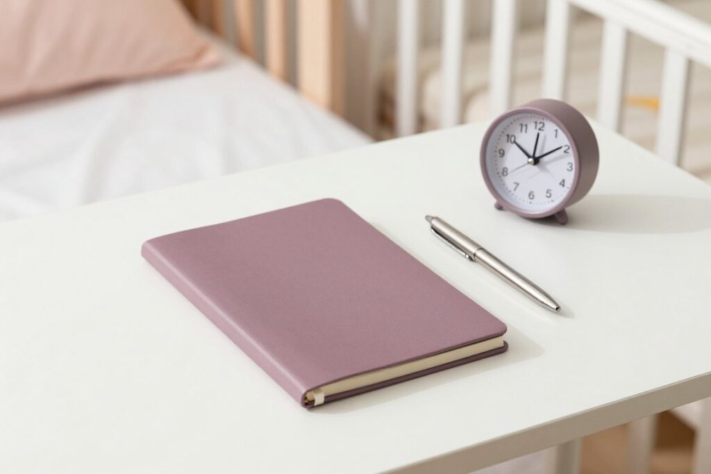 A closed notebook and pen beside a bedside clock