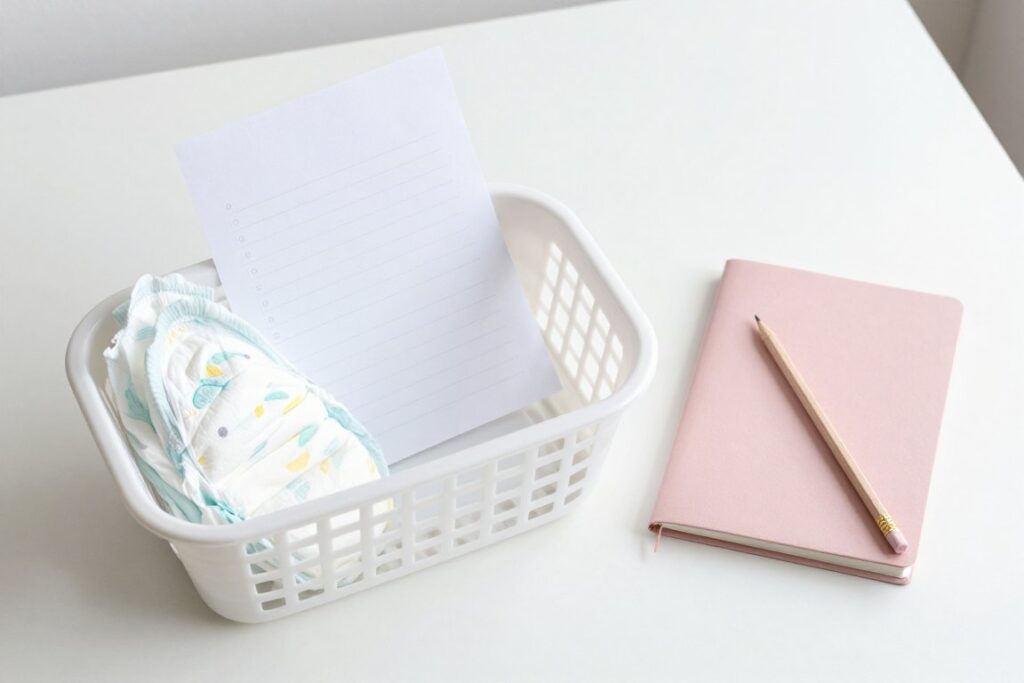 A basket with diapers and paper beside a notebook and pencil