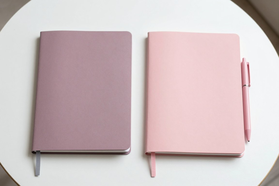 Two separate notebooks in mauve and pink with matching pens